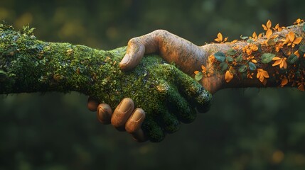 Poster - A stylized handshake in rich terracotta and soft moss tones, symbolizing trust and unity, floating cleanly with no background
