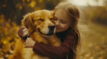 Poster - A child throwing their arms around a therapy dog, the scene filled with vibrant colors and the warmth of their bond. 4k resolution, Cinematic Scene