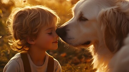 Poster - A shy child slowly reaching out to touch the nose of a gentle therapy dog, their connection captured in tender detail. 4k resolution, Cinematic Scene