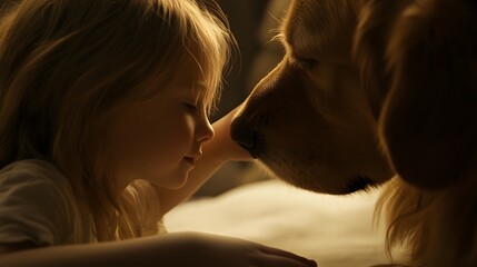 Poster - A shy child slowly reaching out to touch the nose of a gentle therapy dog, their connection captured in tender detail. 4k resolution, Cinematic Scene