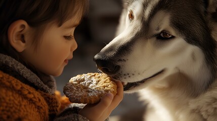 Poster - A child sharing a cookie with a therapy dog, the warmth of their friendship captured in soft lighting. 4k resolution, Cinematic Scene