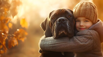 Poster - A child wrapping their arms around a therapy dog, their faces glowing with mutual love and warmth. 4k resolution, Cinematic Scene