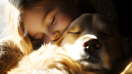 Poster - A child resting their head on a therapy dog s back, both basking in the warmth of the sunlight streaming through the window. 4k resolution, Cinematic Scene