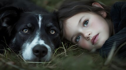 Poster - A child and therapy dog lying side by side on the grass, their calm expressions reflecting a shared peaceful moment. 4k resolution, Cinematic Scene