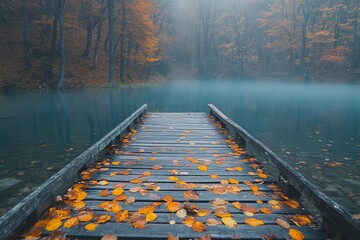 Aufkleber - A serene wooden dock surrounded by misty water and autumn leaves.