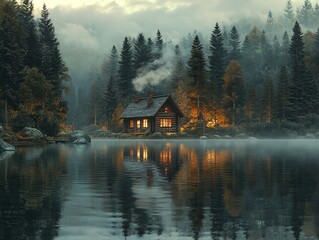 Aufkleber - A serene lakeside cabin surrounded by tall trees and misty mountains at dusk.