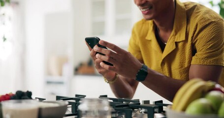Aufkleber - Kitchen, hands and man with smile on smartphone for social media, text notification and post at home. Male person, apartment and happy for message on dating app for communication and networking