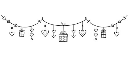 Wall Mural - Romantic garland with hearts and gifts. Decorations for Valentine's day.  Outline frame for invitation card, celebration and holidays. 