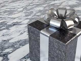 Wall Mural - A beautifully wrapped gift box with a shiny silver bow on a marble surface.