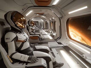 Poster - Two astronauts seated in a futuristic spacecraft, gazing out at a celestial body.
