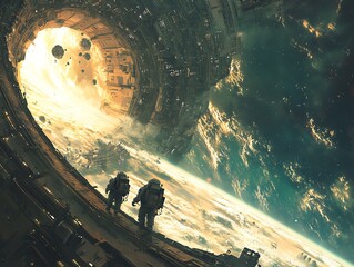 Poster - Two astronauts explore a futuristic space structure against a cosmic backdrop.