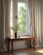 © Arnonwat - A simple yet elegant wooden tabletop sits on a plain wooden leg against the edge of a partially curtained window , minimalist style, home decor, modern interior