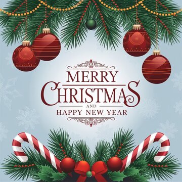 Christmas scene festive decorations include red baubles pine branches gold beads candy cane Merry Christmas text Happy New Year text