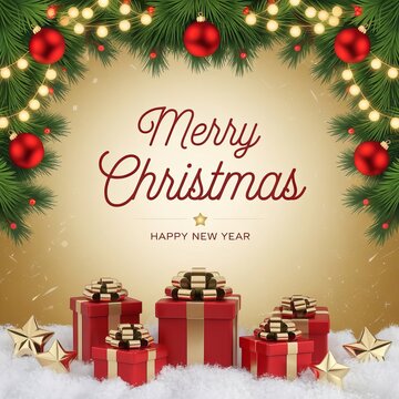 Christmas scene festive decorations include red baubles pine branches gold beads candy cane Merry Christmas text Happy New Year text