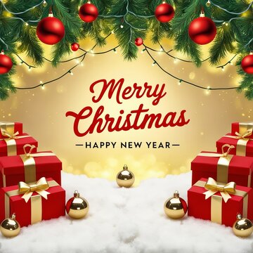 Christmas scene festive decorations include red baubles pine branches gold beads candy cane Merry Christmas text Happy New Year text