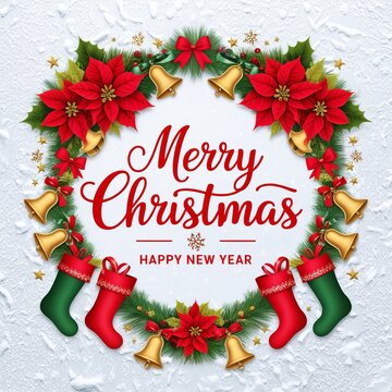 Christmas scene festive decorations include red baubles pine branches gold beads candy cane Merry Christmas text Happy New Year text