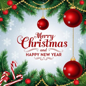 Christmas scene festive decorations include red baubles pine branches gold beads candy cane Merry Christmas text Happy New Year text