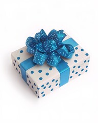 Wall Mural - A beautifully wrapped gift box with blue polka dots and a matching bow.