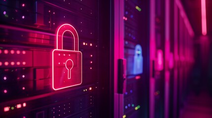 Poster - digital cybersecurity concept with glowing padlock icons floating over a server room filled with row
