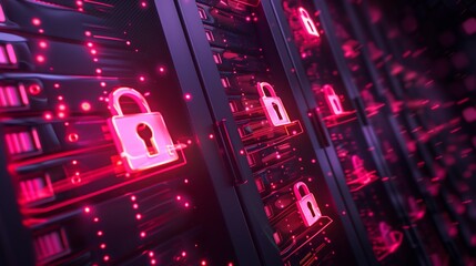 Poster - digital cybersecurity concept with glowing padlock icons floating over a server room filled with row