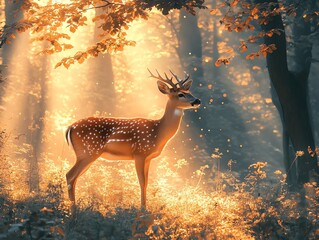 Poster - A serene deer stands amidst golden sunlight filtering through forest trees.