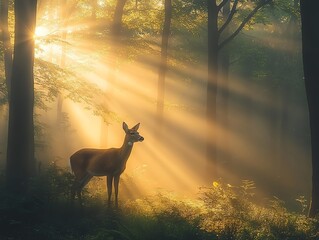 Poster - A serene deer stands in a misty forest, illuminated by soft rays of sunlight.