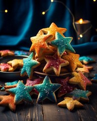 Wall Mural - Star-shaped Cookies on Wooden Table with Colorful Lights 