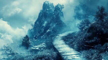 Wall Mural - Snowy Mountain Path: A Mystical Winter Landscape