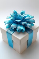 Wall Mural - A beautifully wrapped gift box adorned with a blue flower and ribbon, perfect for celebrations.