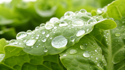 Wall Mural - Macro Shot of Water Droplets on Fresh Crispy Lettuce Leaves Representing Freshness in Sustainable Farming