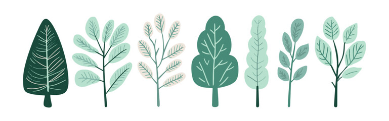 Set of tree and leaf collection hand drawn flat design vector element. botanical set of bare trees and ones with leaves and lush green