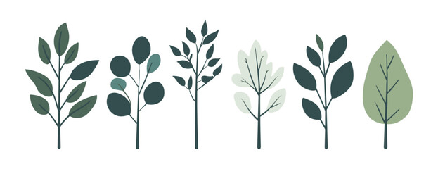 Set of tree and leaf collection hand drawn flat design vector element. botanical set of bare trees and ones with leaves and lush green