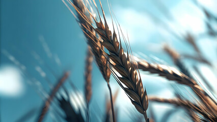 Wall Mural - Macro of golden wheat ear against a clear blue sky concept as Close up image of a golden wheat ear reaching up against a vibrant blue sky representing abundance prosperity and the essence of food secu