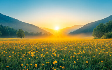 Wall Mural - Golden sunrise illuminates a field of sunflowers in a valley surrounded by mountains