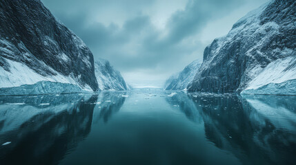 Wall Mural - Majestic fjord landscape with icy waters and towering cliffs at dawn