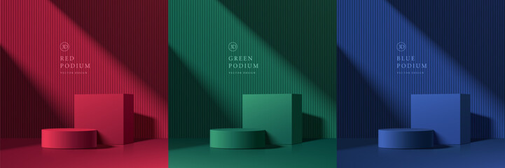 Wall Mural - set of 3d dark red, green and blue cylindrical podium background with cube backdrop. studio wall sce