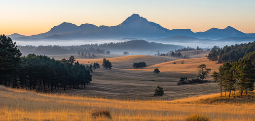 Wall Mural - Misty mountain landscape at dawn with golden grass and towering peaks