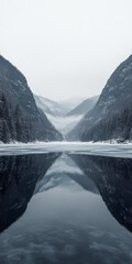 Wall Mural - Winter landscape with icy lake reflecting mountains and trees in a misty atmosphere