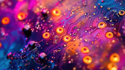Poster - Vibrant close-up of a circuit board, showcasing intricate details and colorful patterns. Ideal for tech, innovation, or abstract design projects needing a modern feel.