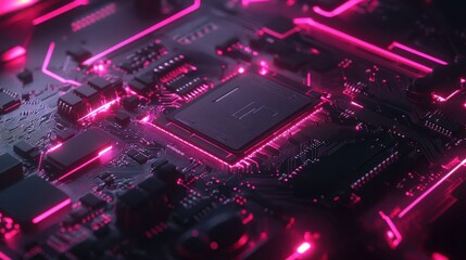 Poster - Close-up of a circuit board with glowing pink lines, showcasing a central processor. Illustrates technological advancement and high-performance computing.