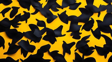 Poster - Dynamic black paper cutouts on vibrant yellow background artistic display creative environment unique perspective
