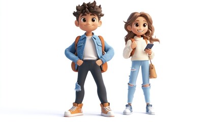 Two happy cartoon children, boy and girl, standing together, smiling, wearing backpacks and casual clothes.