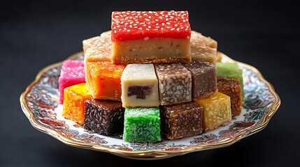 Wall Mural - A colorful array of nian gao, or Chinese New Year cake, in various flavors such as red bean, lotus seed, and brown sugar, stacked neatly on a decorative plate 