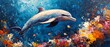 © Thanyana - Dolphin in the deep blue underwater world, using bright acrylic oil paints and large brush strokes, vibrant marine life, AIgenerated underwater art