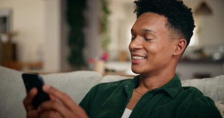 Aufkleber - Man, phone and happy with texting on sofa in home with laugh, click and contact with online dating. Person, smile and smartphone on mobile app with thinking, streaming or social network at apartment
