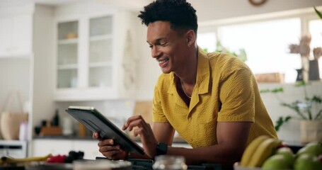 Poster - Kitchen, man and happy with tablet for social media, text notification and post at home. Male person, apartment and smile or laughing for message or online for communication, networking or connection