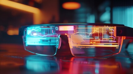 Fototapete - immersive scene with augmented reality glasses projecting a dynamic software project timeline and a 