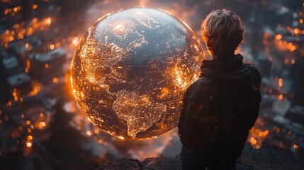 Poster - hacker s silhouette reflected in glowing global cybercrime landscape