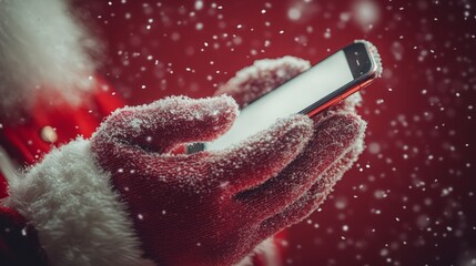A cozy close-up of Santa's hand holding a smartphone with a glowing white screen, the red background creating a festive and clean design
