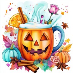 Wall Mural - Festive Halloween Pumpkin Mug with Autumn Elements and Flowers